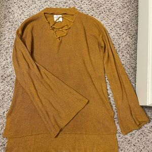 Hippie Rose Mustard Knit Top with Lace-Up Detail